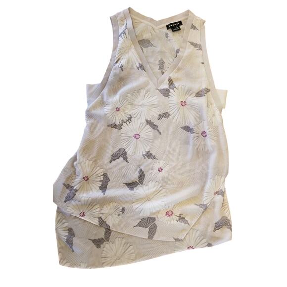 SLEEVELESS V-NECK FLORAL TOP GRAY PURPLE SILKY TOP CUT OUT SMALL TROUVE - Picture 6 of 9